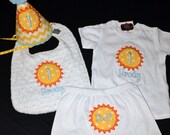 Ultimate Stylish Sunshine Birthday Party sun and fun theme Hat, Bib, diaper cover, and shirt Combo Set