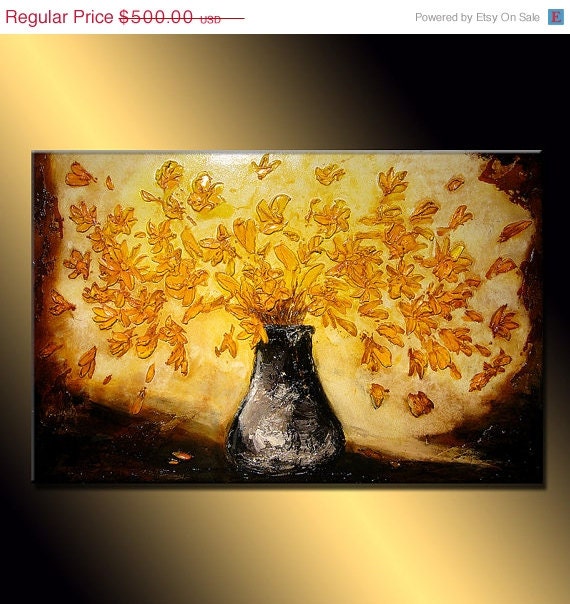 ORIGINAL Textured Abstract Art, Contemporary Yellow  Flowers  Bouquet in Vase, Thick Textured Palette knife Painting by Henry Parsinia