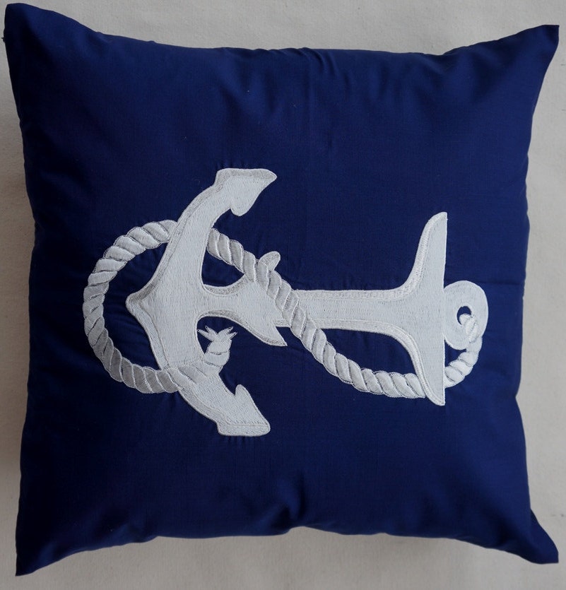 Embroidered Decorative Pillow Cover - Anchor - 18" x 18" Navy Blue Pillow with Off-White Embroidery (READY TO SHIP)