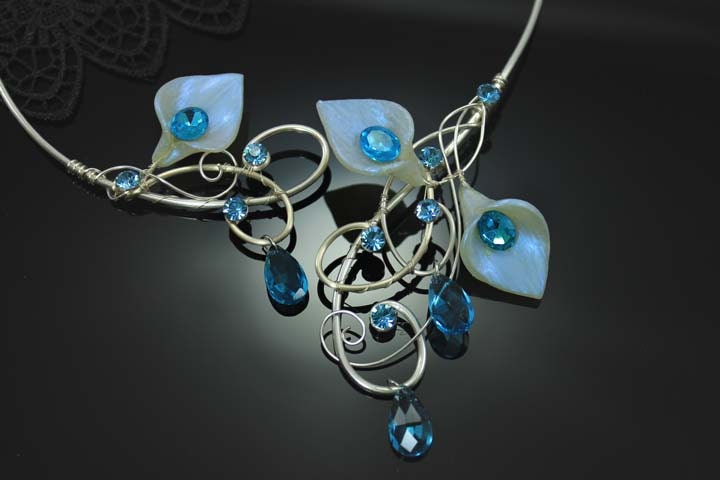Calla Lily Bridal Necklace, Wedding Necklace, Bridesmaid Necklace, Wedding Accessories, Art Nouveau, "Pure Aqua", IN STOCK