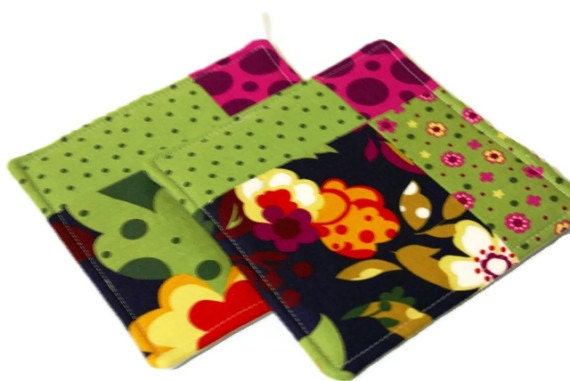 Modern Quilted Potholder Set - Floral and Jewel Tones
