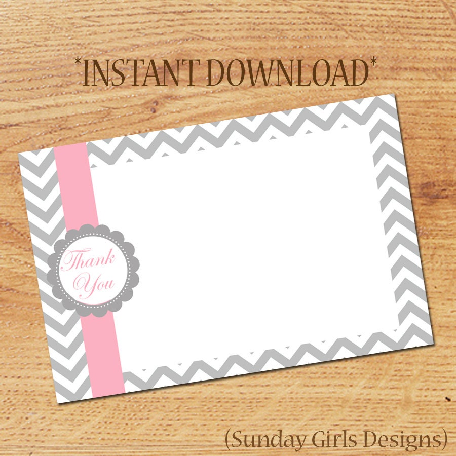 INSTANT DOWNLOAD - Chevron Pink Thank You Card - Girl Baby Shower Thank You