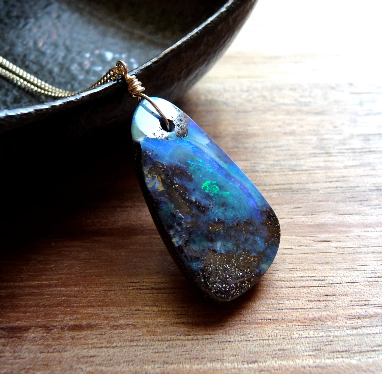 Boulder Opal Necklace, Rough Opal Gold Filled Chain Necklace Pendant, October Birthstone, Iridescent Blue Green