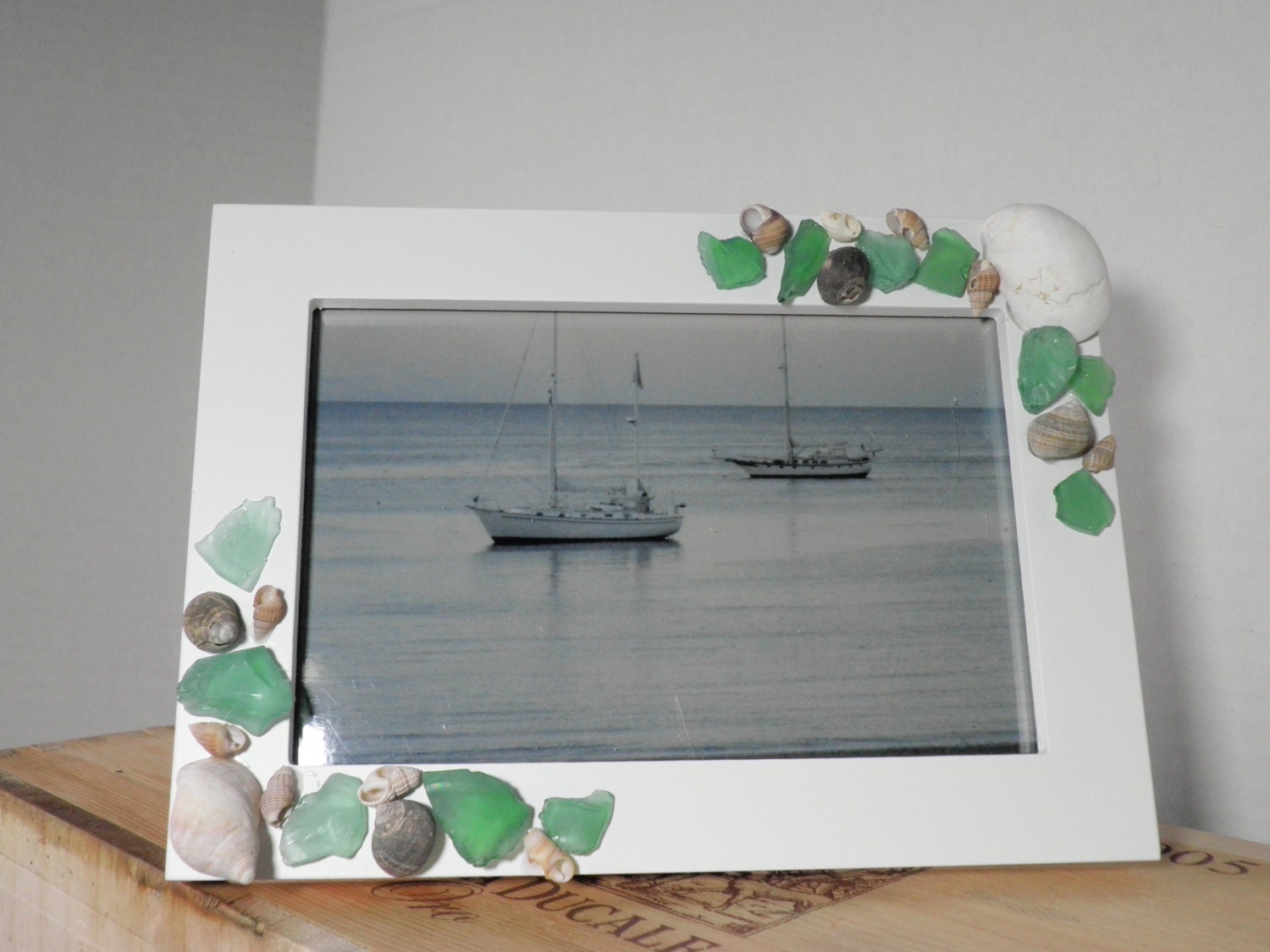 Beach Photo Frame With Seashells And Green Sea Glass