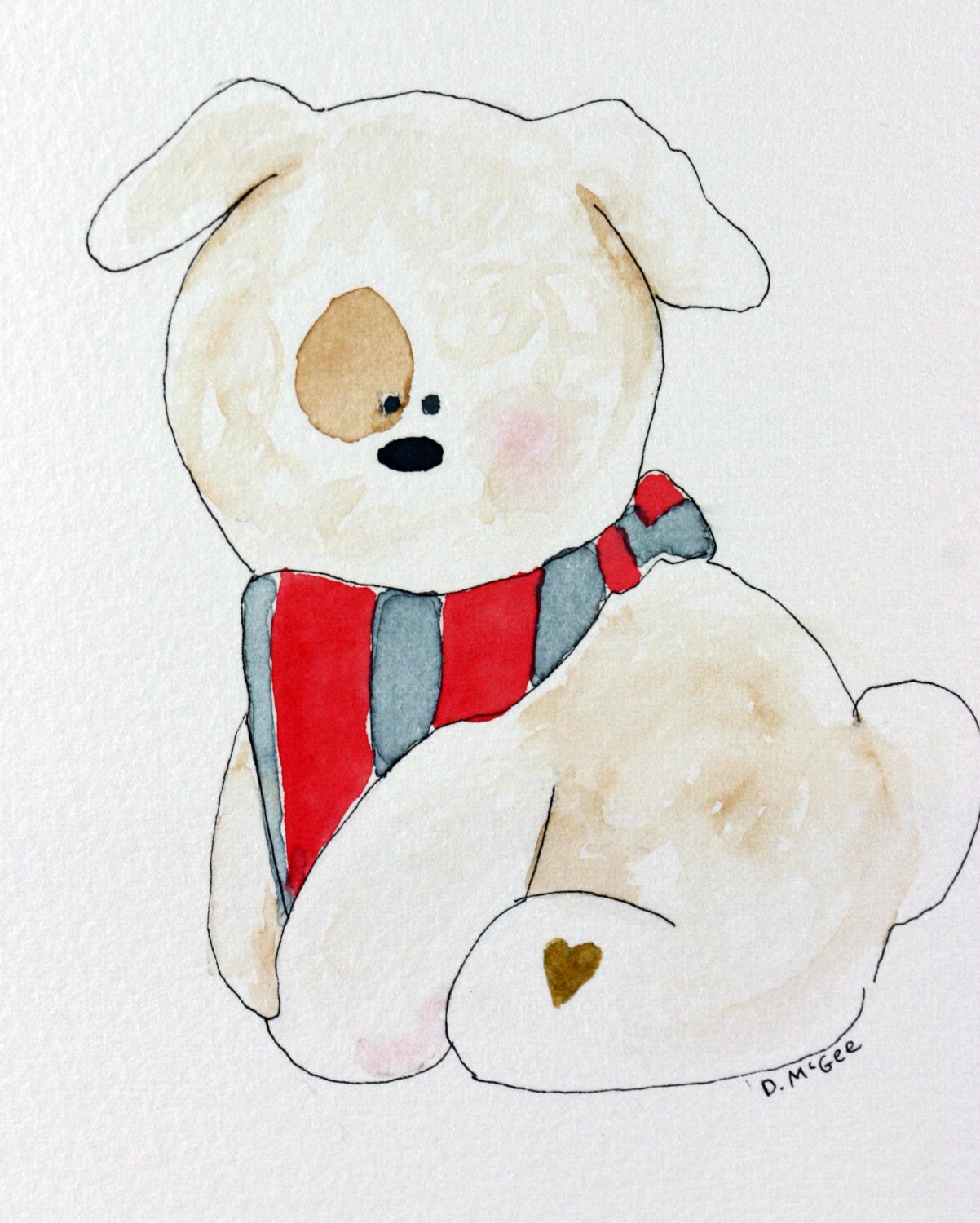 Little white dog original watercolor, with scarf, simple, children's art, puppy, pet, heart, nursery art, childrens