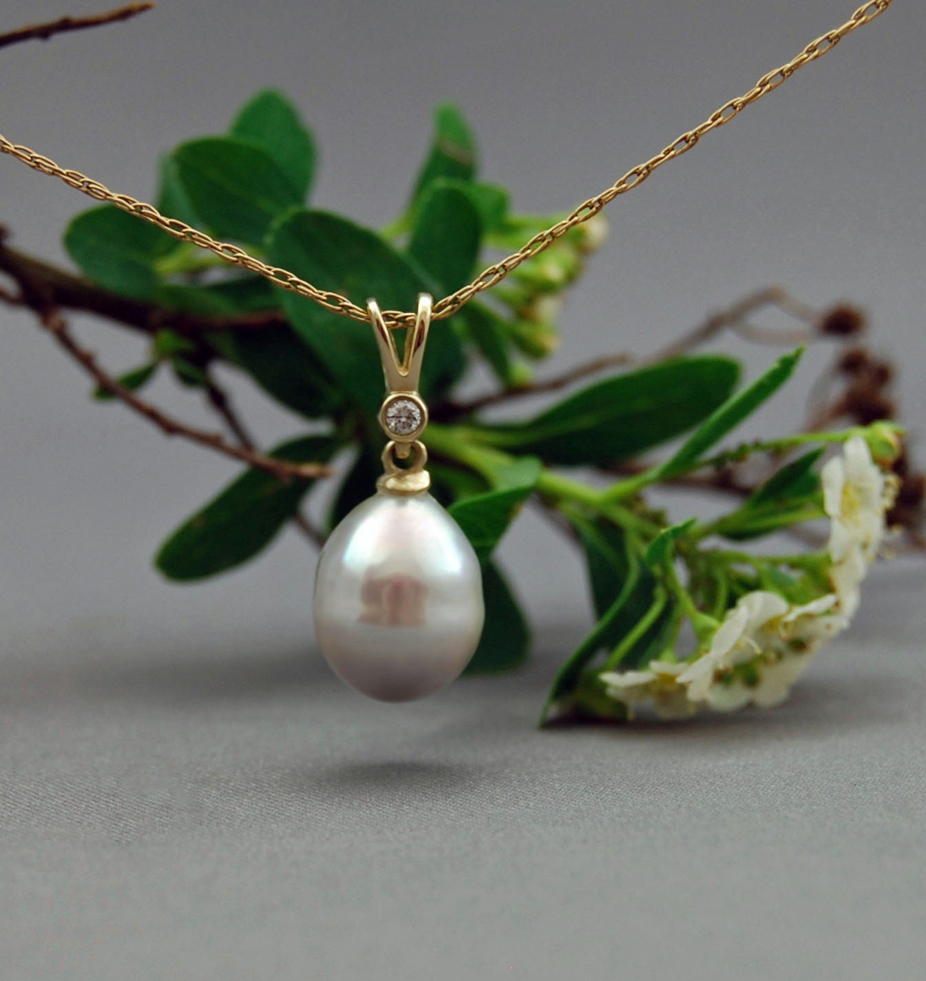Eirian - pearl pendant, silver Tahitian pearl, solid 14kt gold, diamond, rare pearl, pendant necklace, anniversary, platinum, baroque,