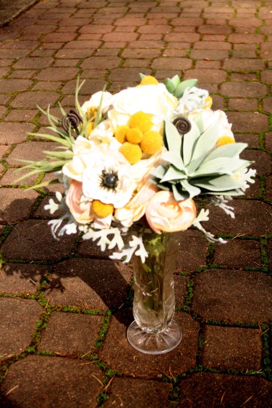 Bridal bouquet, silk flowers. Anemone, succulents, garden roses, peonies, craspedia/ billy balls, fern shoots and air plants.