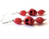 Red Skulls Day of the Dead Dia de los Muertos Earrings - Turquoise Howlite Sterling Silver, Dangle Beaded Pierced