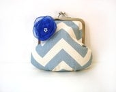 Clutch bag Chevron stripe blue and white purse, metal kiss lock frame handbag