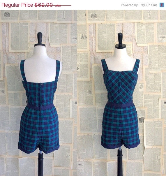 SALE Vintage 1960s Bathing Suit One Piece Romper Shorts Cotton Swim Wear Plaid Womens Size Small Medium