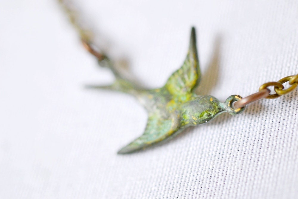 Tiny Bird Necklace, Sparrow Necklace, Teal Verdigris Patina Charm Necklace on Antiqued Brass