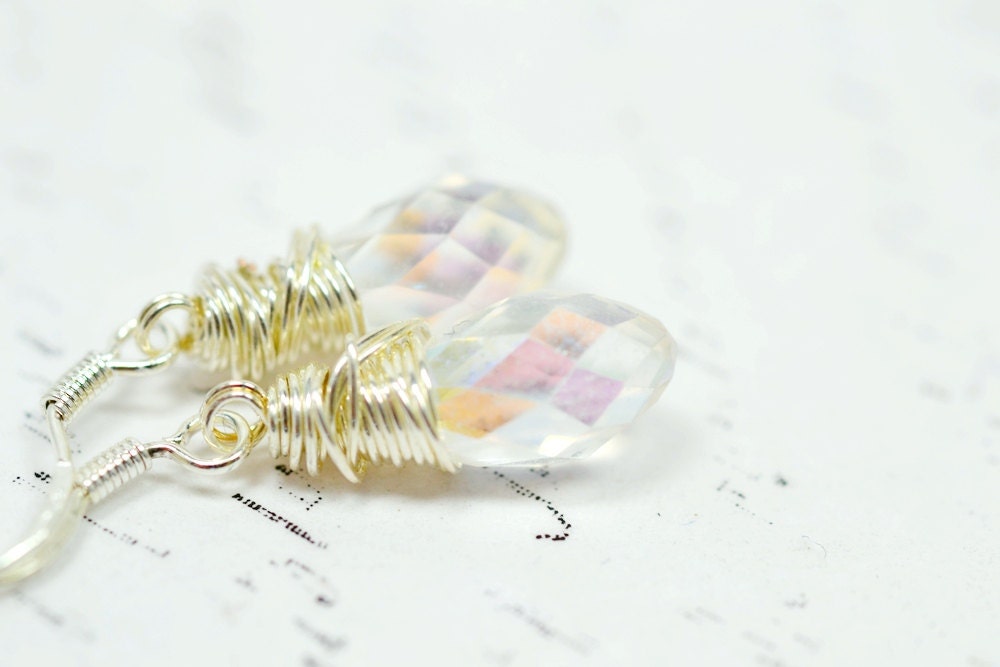 Clear Swarovski Crystal Earrings, Wire Wrapped Teardrops on Sterling Silver