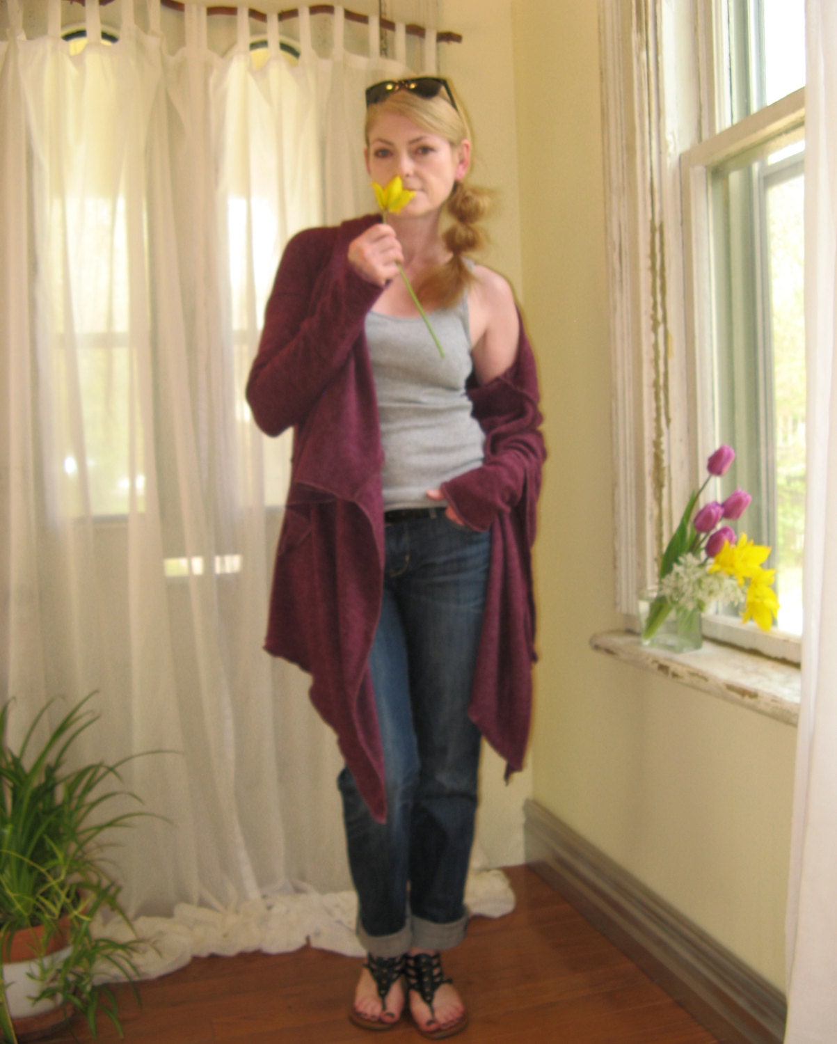 New Colour Long Sleeve Wrap Draped Cardigan Boyfriend Oversize Sweater Jacket Shawl Collar Hood - Plum - Ready to Ship