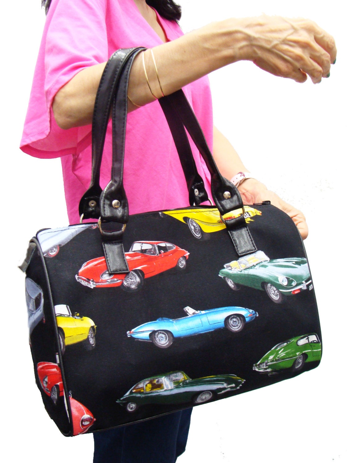 Handbag Doctor bag Satchel SPORTS CARS Rockabilly Retro US handmade Cotton Fabric Bag Purse, new