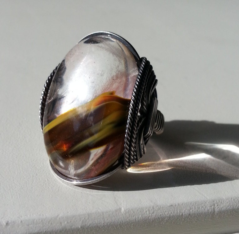 Flame Quartz Ring, Fiery Unique Jewelry, Recycled Sterling Silver, Custom Any Size Setting, Wire Ring