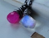 Moonstone Necklace, Hot Pink Chalcedony, Natural Gemstone Briolette, Darkened Silver, Blue Moonstone, Oxidized Sterling Silver
