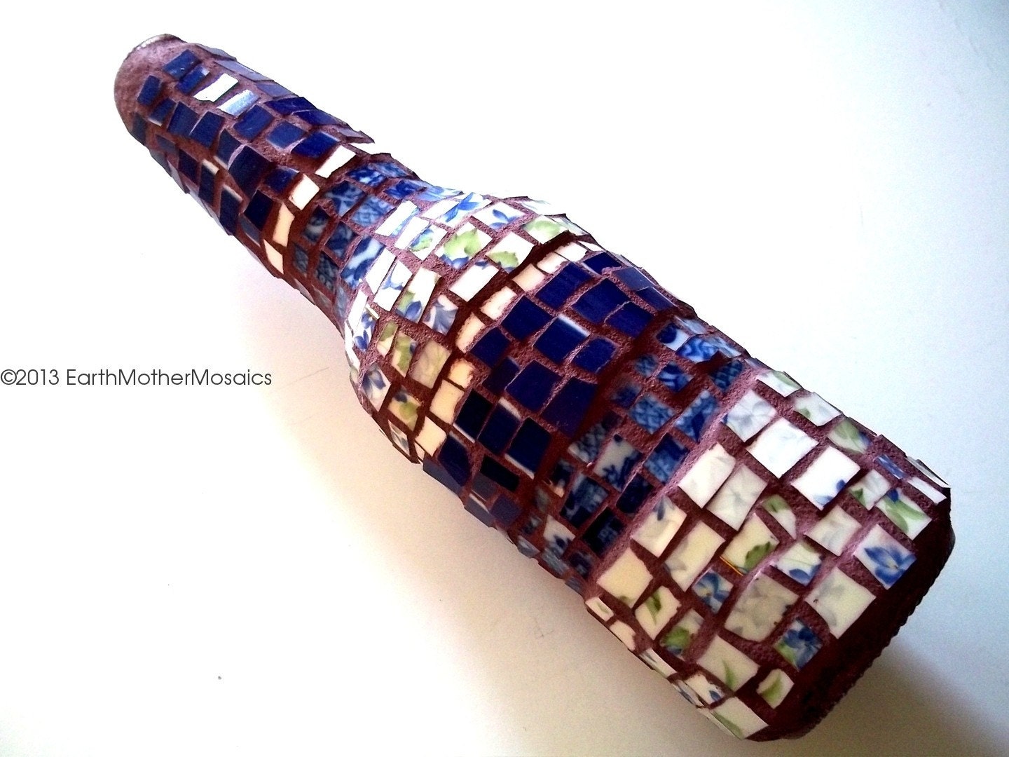 Abstract Mosaic Vase: Incense Holder, Pique Assiette, Blue, White and Purple