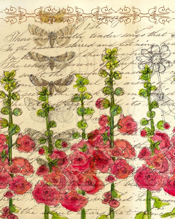 Red Hollyhock Flower Butterfly Watercolor Collage Art Print Instant Digital Download