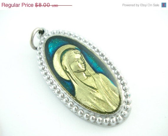 On Sale 25% Off Vintage Blue Enamel Virgin Mary Pendant - LARGE Catholic Medal  - MM76
