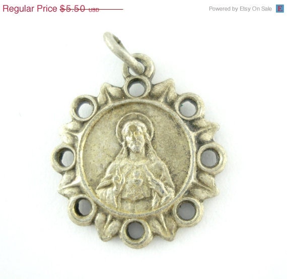 On Sale 25% Off Vintage Sacred Heart of Jesus - Our Lady of Mount Carmel Catholic Medal - Carmelite Charm KK98