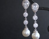 Wedding Pearl Jewelry Bridal Earrings Cubic Zirconia Teardrop Connectors Round White Pearl Earrings Silver Posts Wedding Earrings