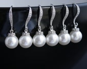 Pearl Jewelry SET of 5 Cubic Zirconia Bridal Bridesmaid Earring Silver with Swarovski Pearl Round Drops Bridesmaid Jewelry Wedding Jewelry