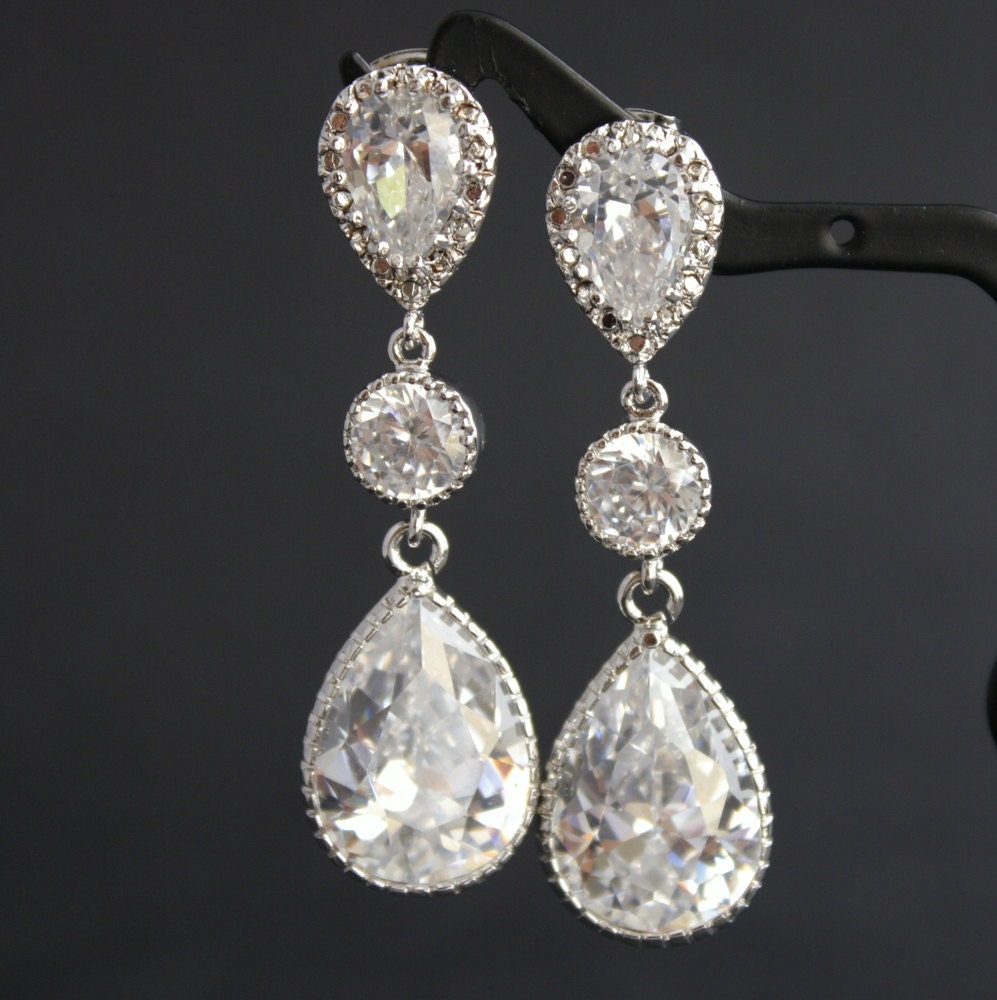 Wedding Jewelry Bridal Earrings Cubic Zirconia Connectors Teardrop Silver Posts Wedding Earrings