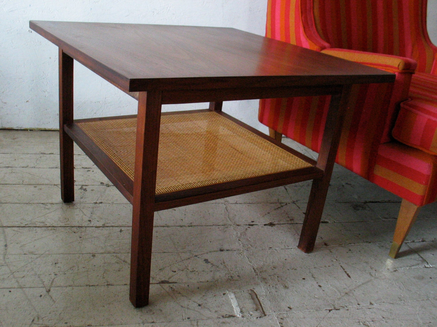 mid century modern end table walnut cane - dunbar era