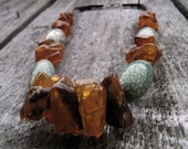 Serpentine Amber Necklace Raw Stone Baltic Teal Orange Brown Green Honey Long Earthy Colors OOAK Rough Gemstone Jewelry