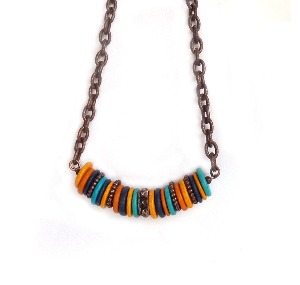 Boho Necklace, Mykonos Greek Beads, Beaded Bar Choker, Mustard, Aqua, Orange, Copper, Colorful Bohemian Necklace, Handmade Jewelry