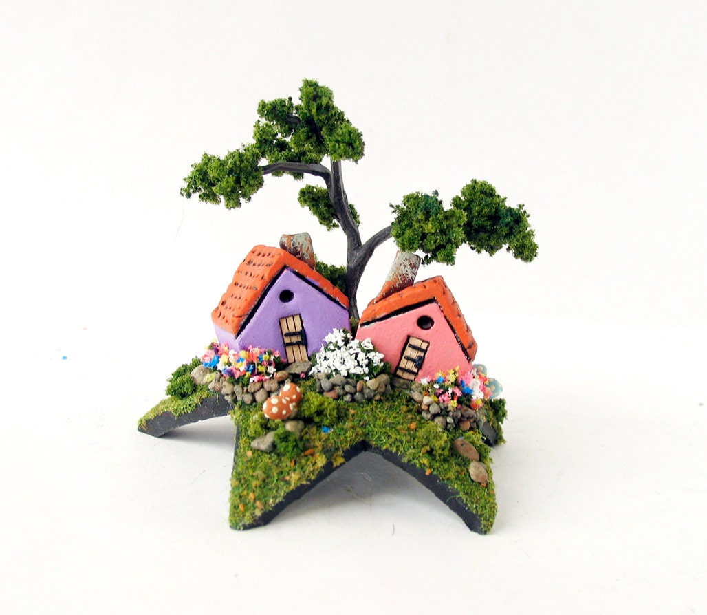 The Fairy Grotto of Cottages Upon a Star - Miniature Lilac Purple and Salmon Coral Pink A-Frame Houses, Mushrooms and Twisted Cypress Tree
