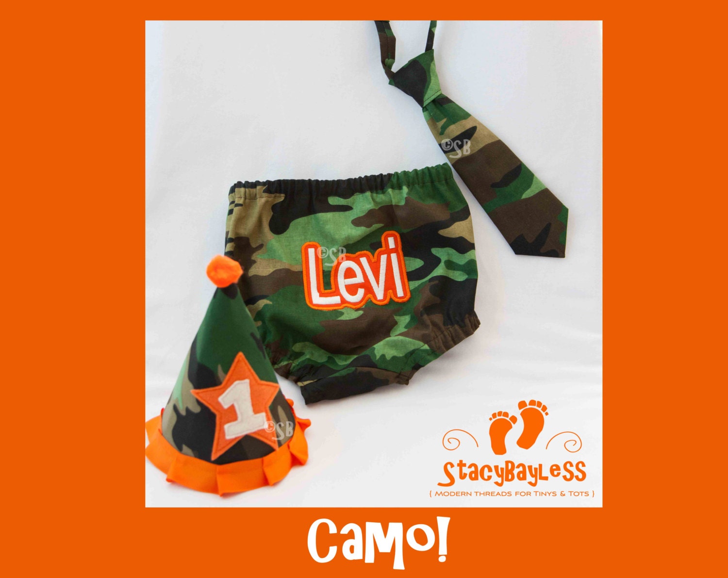 Clearance Camo Party Hat, Diaper Cover, Necktie for Cake Smash or First Birthday - Baby - Boys