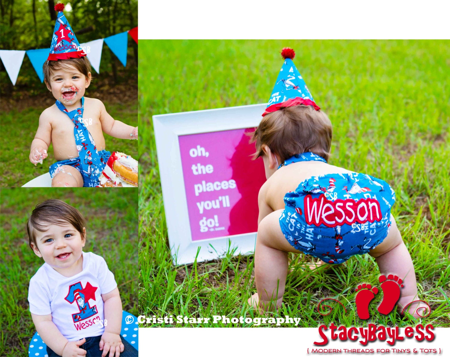 3 PIECE SET Dr. Seuss Party Hat - Diaper Cover - Necktie for Cake Smash or First Birthday - Baby - Boys