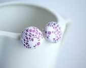 Fabric Button Earrings, Purple Earrings, Fabric Covered Button Studs, Surgical Stainless Steel Earrings, Purple and White, Button Jewelry