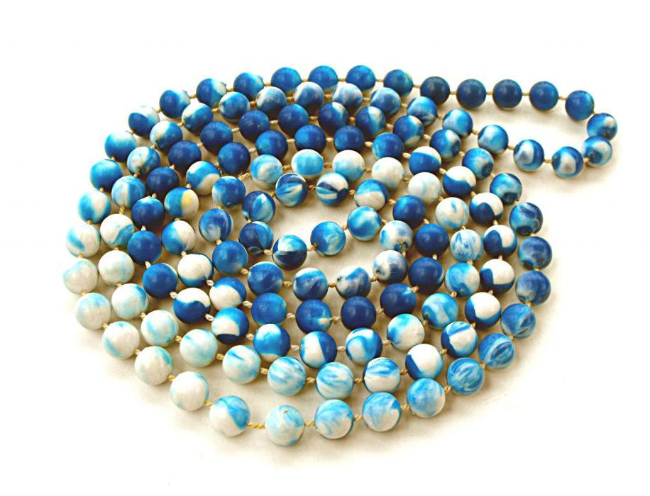 1980's Blueberry Swirl Sorbet Cobalt Royal Blue and White Milky Way Galaxy Vintage Marble Necklace Retro Deep Lapis Sapphire Sky Long Beads