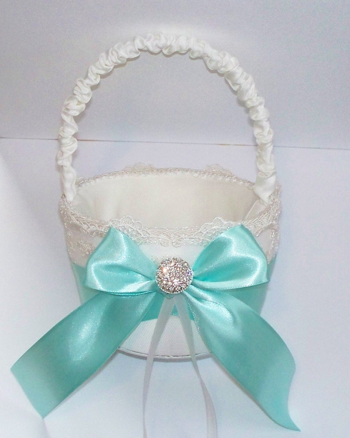 Wedding Flower Girl Basket with Tiffany Blue Bow and Rhinestone Center - The TIFFANY Basket