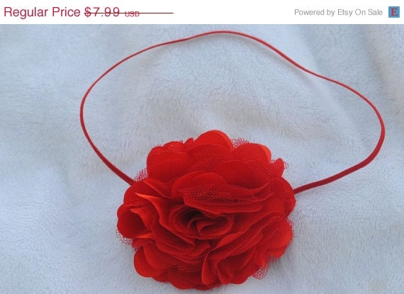 MEMORIAL DAY SALE Red Satin and Mesh Skinny Elastic Headband - Great Photo Prop