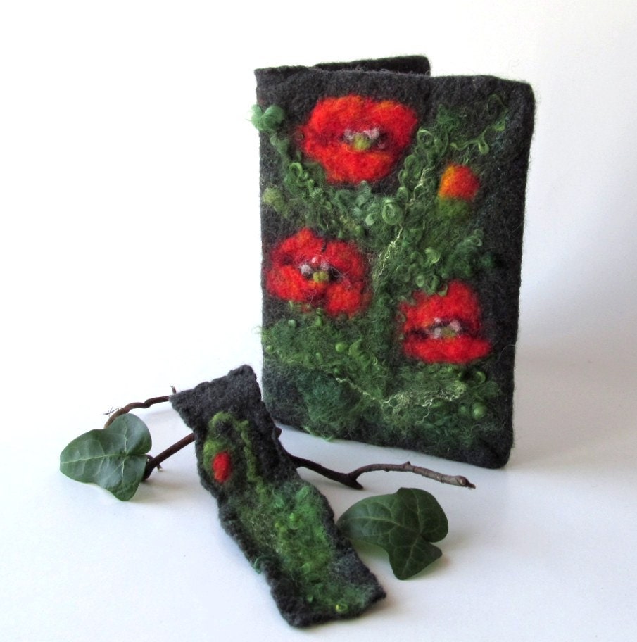Felted journal notebook cover  Red Poppy flower Grey gift under 25