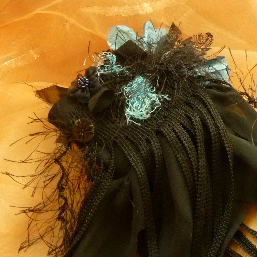 Teal and Black Tattered Twilight Cuff Bracelet Wristlet