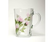 Hand Painted Glass Coffee Mugs - Classic Pink Roses, Fresh Green Leaves Set of 4, Large 16 oz. Spring Summer Gardener Mothers Day