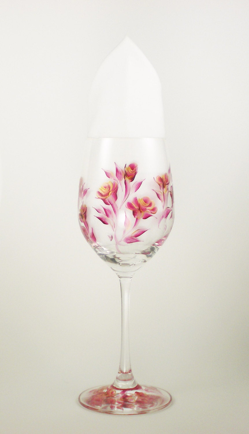 Hand Painted Wine Glasses - Gold and Dark Pink Roses, Graceful, Elegant Set of 6 READY TO SHIP