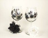 Hand Painted Wine Glasses - Abstract, Large Silver and Ebony Black Roses, Set of 6 Large 18 oz - Wedding 25th Anniversary Steampunk