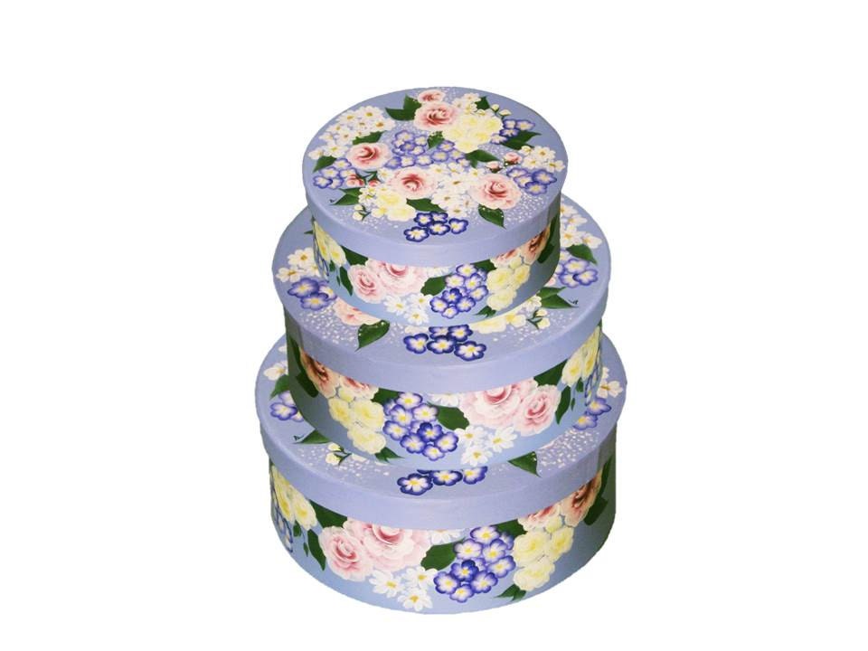 Hand Painted Hat Box Set - Pink Roses, Yellow Roses, Daisies, Blue Flowers on Sky Blue Box, Set of 3 - Storage Mothers Day Baby Nursery