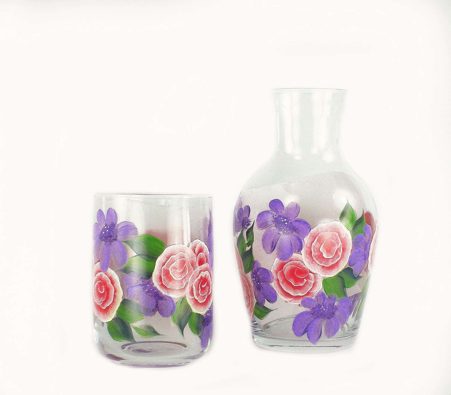 Water Carafe with Cup - Hand Painted Pink Azaleas, Purple Daisies, Pitcher 22 oz - Nightstand Water Pitcher Housewarming Gift