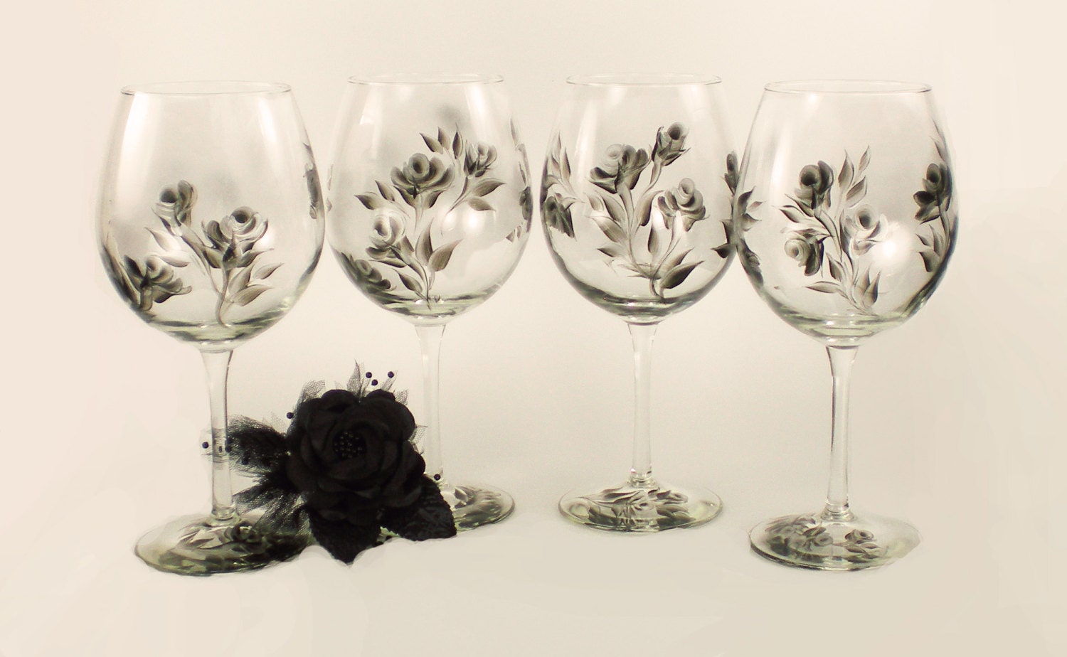 Hand Painted Wine Glasses - Elegant Black and Silver Roses, Set of 4, 18 oz - 25th Wedding Anniversary Steampunk Goblet READY TO SHIP