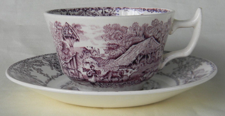 Rural Scenes Purple Transferware Cup and Saucer Pastoral Mother Children Cattle Stream