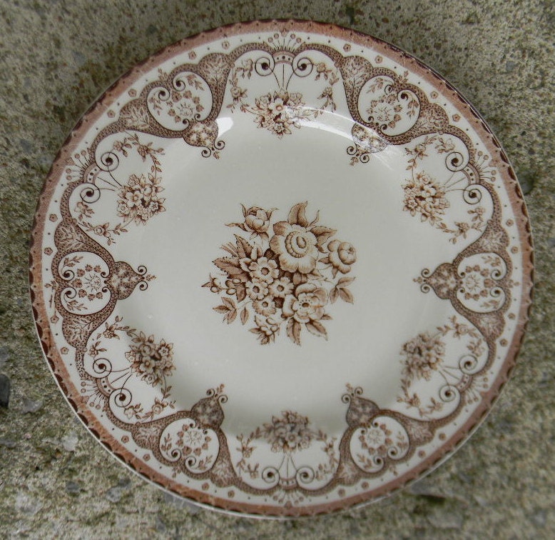 Brown Vintage English Transferware Plate Shabby Victorian Roses and Scrolls