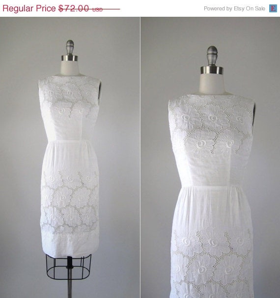 SALE Vintage 1960s Dress // 60s White Eyelet Embroidered Wiggle Dress // Rise and Shine