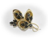 Black Marquise Brooch Gold Tone Setting  Vintage 1970's