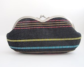 Sunglasses case / Eyeglass Case -navy blue denim with colorful lines